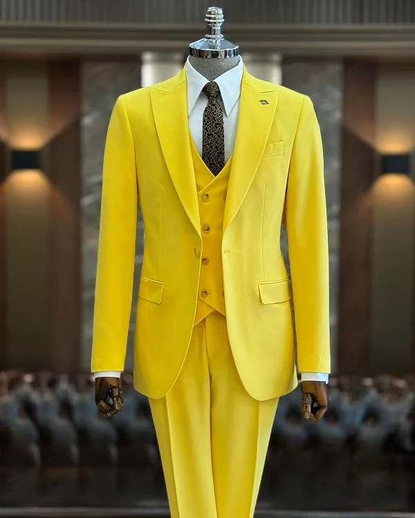 Yellow Slim Fit 3 Piece Peak Lapel Suit for Men by GENT WITH