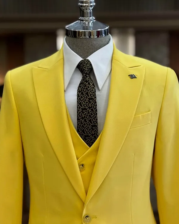 Yellow Slim Fit 3 Piece Peak Lapel Suit for Men by GENT WITH