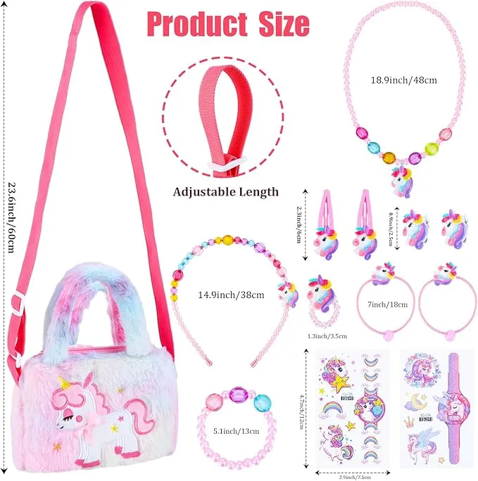 Zuimei Unicorn Jewellery Set for Girls, Unicorn Crossbody Bag with Jewelry Sets,Bracelets Necklaces Kids Dress Up Jewelry for Girls