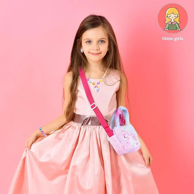 Zuimei Unicorn Jewellery Set for Girls, Unicorn Crossbody Bag with Jewelry Sets,Bracelets Necklaces Kids Dress Up Jewelry for Girls