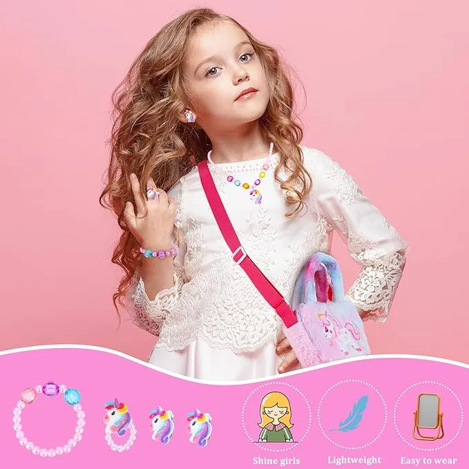 Zuimei Unicorn Jewellery Set for Girls, Unicorn Crossbody Bag with Jewelry Sets,Bracelets Necklaces Kids Dress Up Jewelry for Girls