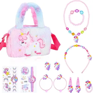 Zuimei Unicorn Jewellery Set for Girls, Unicorn Crossbody Bag with Jewelry Sets,Bracelets Necklaces Kids Dress Up Jewelry for Girls